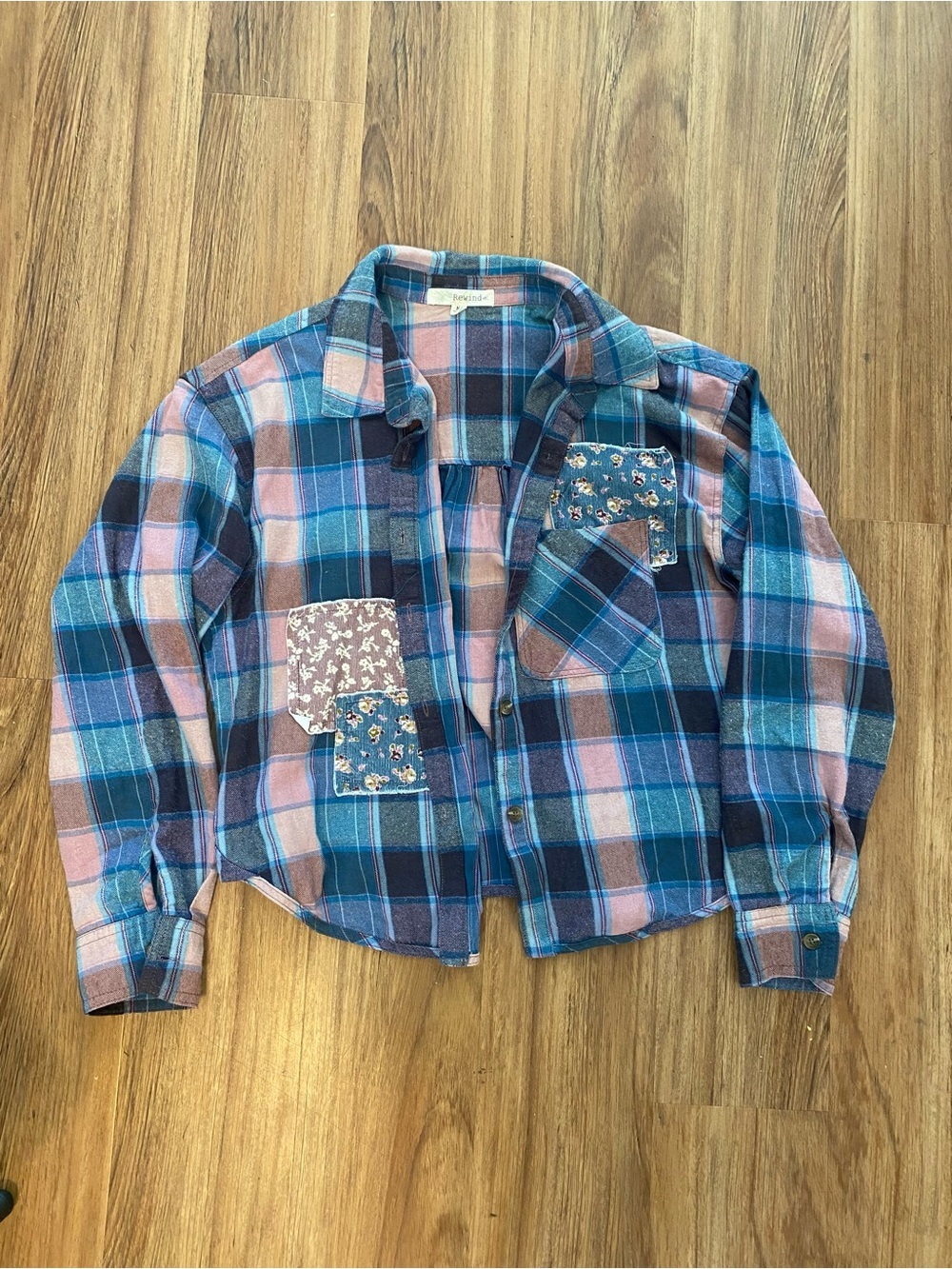 Juniors’ Rewind Blue and Pink Plaid Shirt with Contrasting Stitch